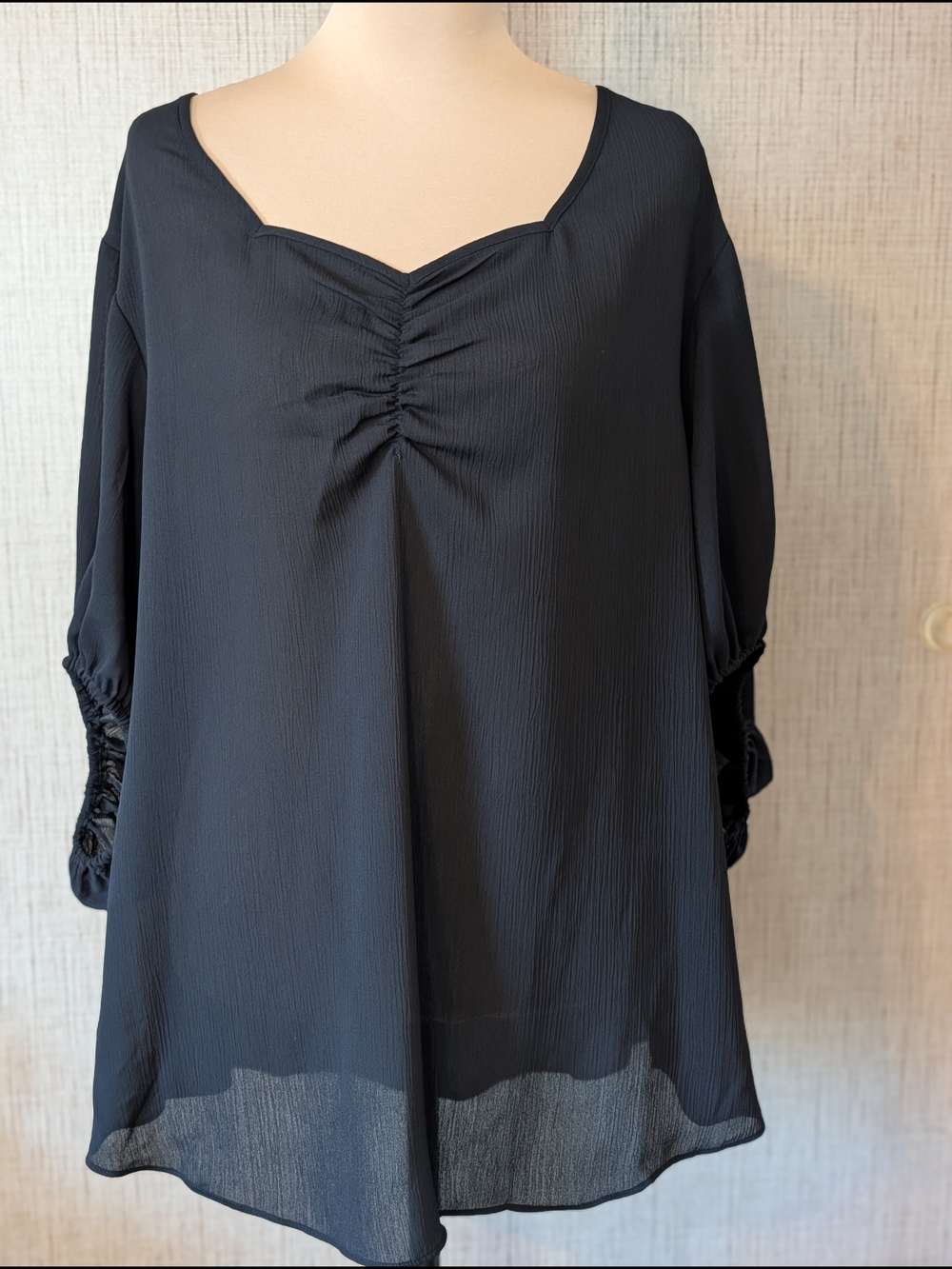 Black Sheer Ruched V-Neck Blouse with Gathered Three-Quarter Sleeves